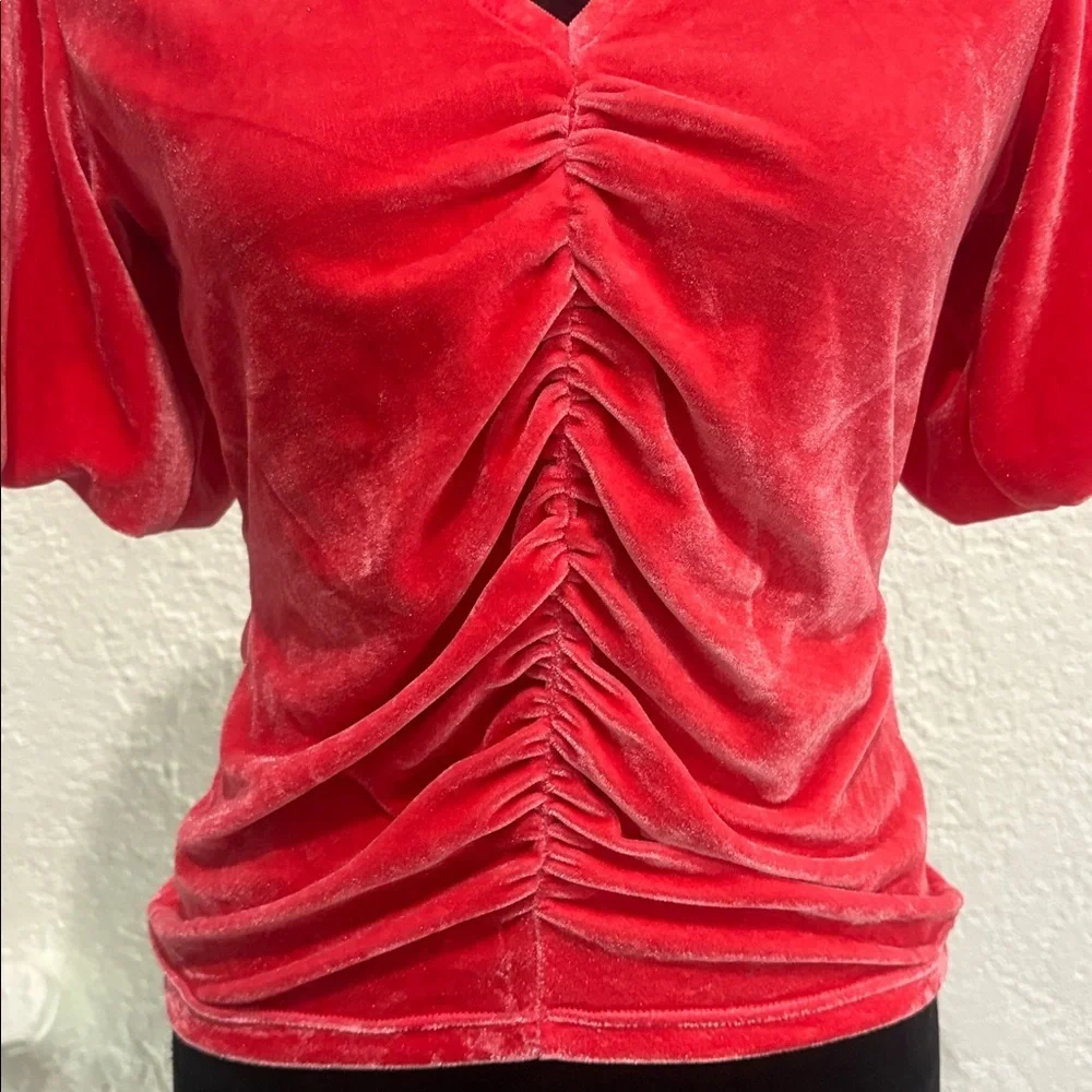 Free People Pink Velvet Top Size Medium V-Neck Puff Sleeve Blouse